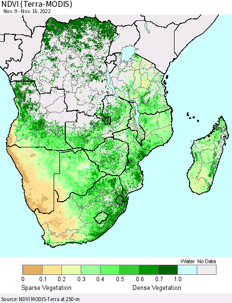 Southern Africa NDVI (Terra-MODIS) Thematic Map For 11/9/2022 - 11/16/2022