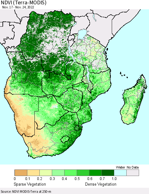 Southern Africa NDVI (Terra-MODIS) Thematic Map For 11/17/2022 - 11/24/2022