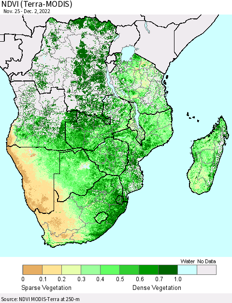 Southern Africa NDVI (Terra-MODIS) Thematic Map For 11/25/2022 - 12/2/2022