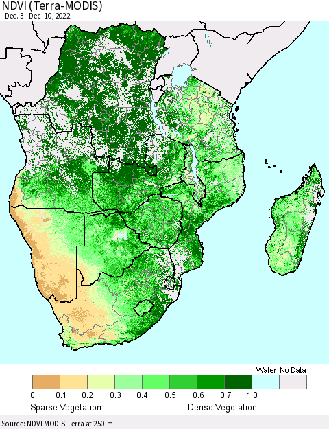 Southern Africa NDVI (Terra-MODIS) Thematic Map For 12/3/2022 - 12/10/2022