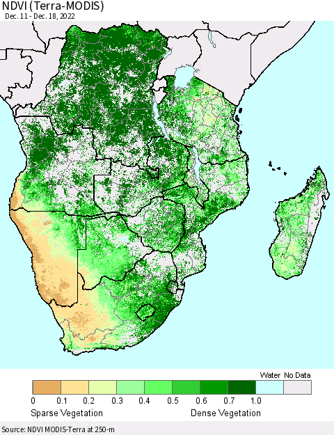 Southern Africa NDVI (Terra-MODIS) Thematic Map For 12/11/2022 - 12/18/2022
