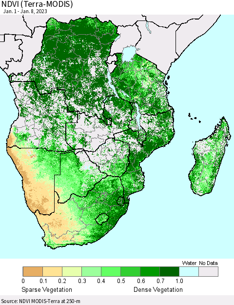 Southern Africa NDVI (Terra-MODIS) Thematic Map For 1/1/2023 - 1/8/2023