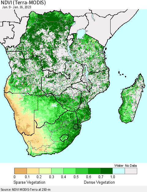 Southern Africa NDVI (Terra-MODIS) Thematic Map For 1/9/2023 - 1/16/2023