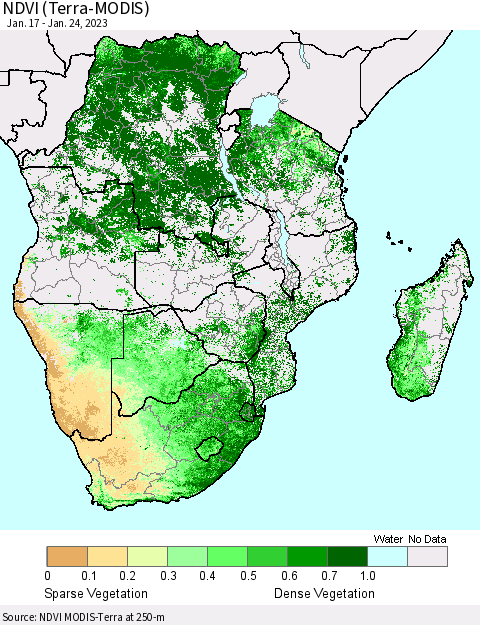 Southern Africa NDVI (Terra-MODIS) Thematic Map For 1/17/2023 - 1/24/2023