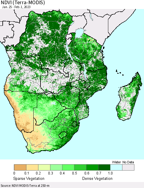 Southern Africa NDVI (Terra-MODIS) Thematic Map For 1/25/2023 - 2/1/2023