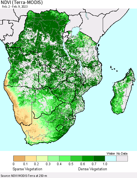 Southern Africa NDVI (Terra-MODIS) Thematic Map For 2/2/2023 - 2/9/2023