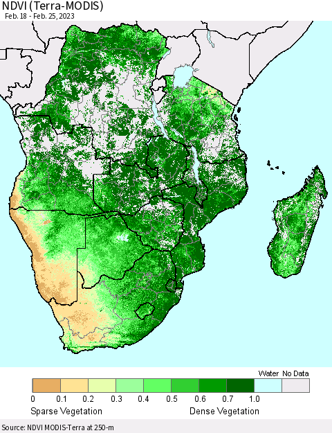 Southern Africa NDVI (Terra-MODIS) Thematic Map For 2/18/2023 - 2/25/2023