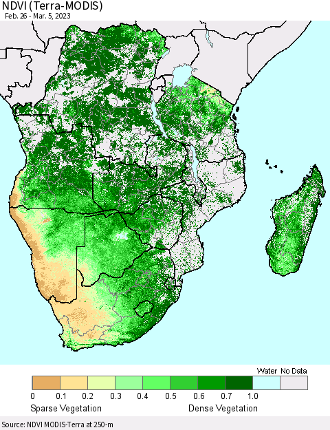 Southern Africa NDVI (Terra-MODIS) Thematic Map For 2/26/2023 - 3/5/2023