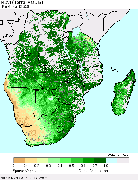 Southern Africa NDVI (Terra-MODIS) Thematic Map For 3/6/2023 - 3/13/2023