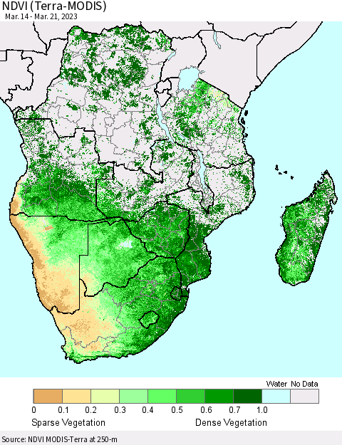 Southern Africa NDVI (Terra-MODIS) Thematic Map For 3/14/2023 - 3/21/2023