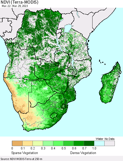 Southern Africa NDVI (Terra-MODIS) Thematic Map For 3/22/2023 - 3/29/2023