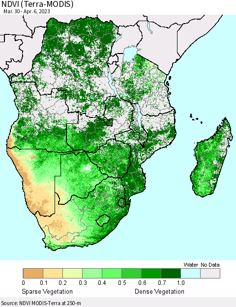 Southern Africa NDVI (Terra-MODIS) Thematic Map For 3/30/2023 - 4/6/2023