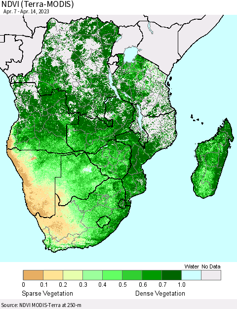 Southern Africa NDVI (Terra-MODIS) Thematic Map For 4/7/2023 - 4/14/2023