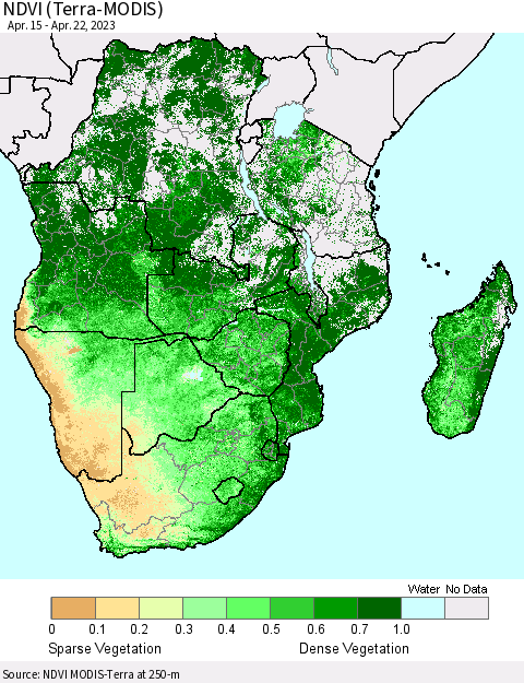 Southern Africa NDVI (Terra-MODIS) Thematic Map For 4/15/2023 - 4/22/2023