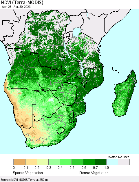 Southern Africa NDVI (Terra-MODIS) Thematic Map For 4/23/2023 - 4/30/2023