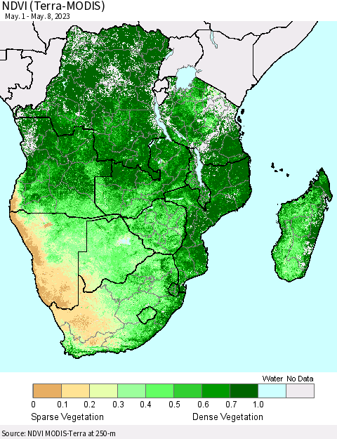 Southern Africa NDVI (Terra-MODIS) Thematic Map For 5/1/2023 - 5/8/2023