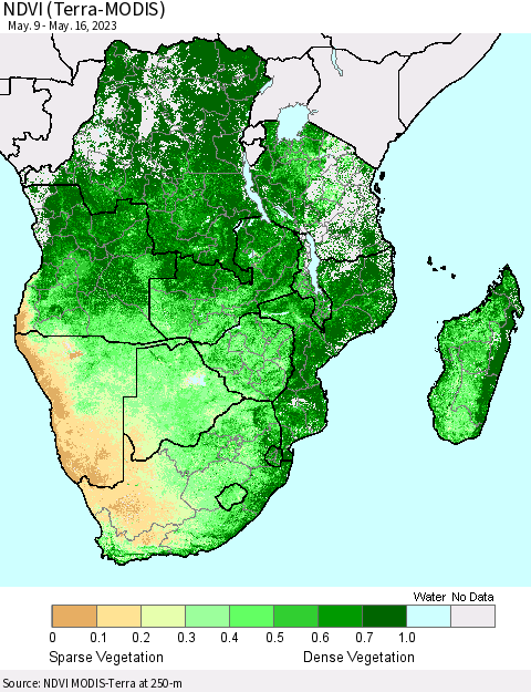 Southern Africa NDVI (Terra-MODIS) Thematic Map For 5/9/2023 - 5/16/2023