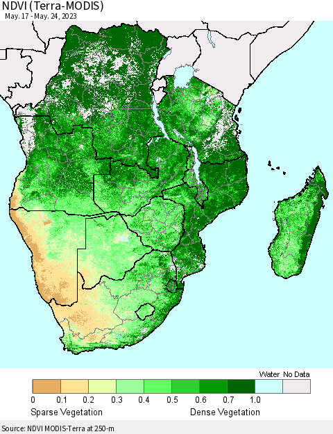 Southern Africa NDVI (Terra-MODIS) Thematic Map For 5/17/2023 - 5/24/2023