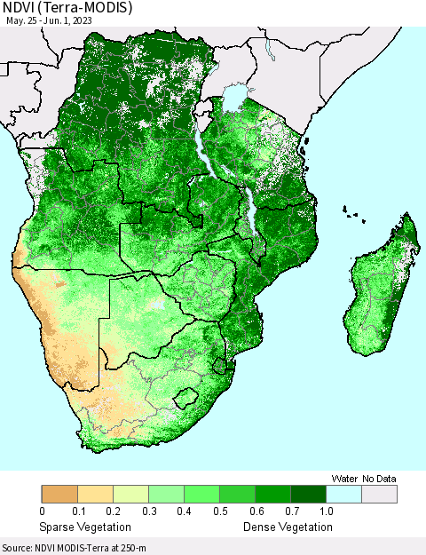 Southern Africa NDVI (Terra-MODIS) Thematic Map For 5/25/2023 - 6/1/2023