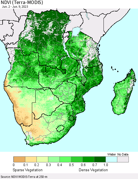 Southern Africa NDVI (Terra-MODIS) Thematic Map For 6/2/2023 - 6/9/2023
