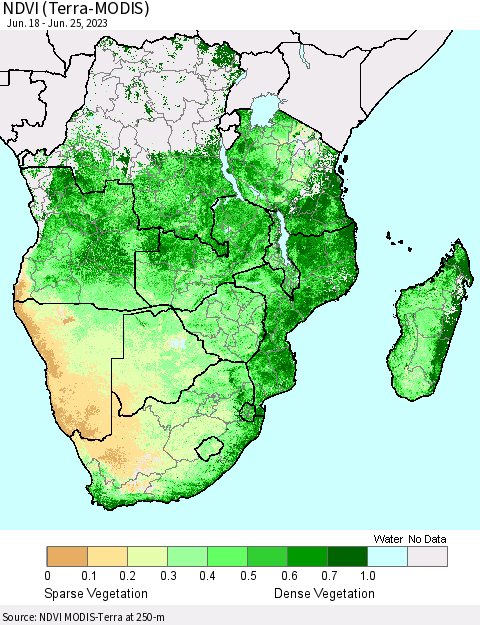 Southern Africa NDVI (Terra-MODIS) Thematic Map For 6/18/2023 - 6/25/2023