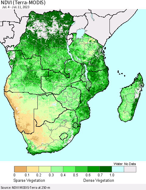 Southern Africa NDVI (Terra-MODIS) Thematic Map For 7/4/2023 - 7/11/2023