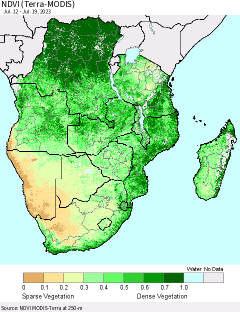 Southern Africa NDVI (Terra-MODIS) Thematic Map For 7/12/2023 - 7/19/2023