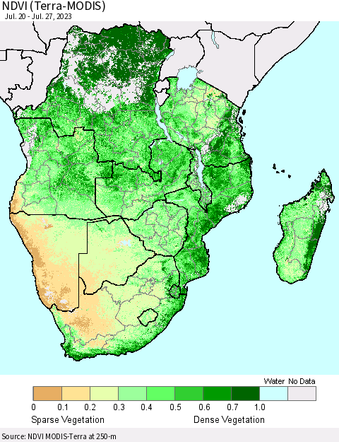 Southern Africa NDVI (Terra-MODIS) Thematic Map For 7/20/2023 - 7/27/2023