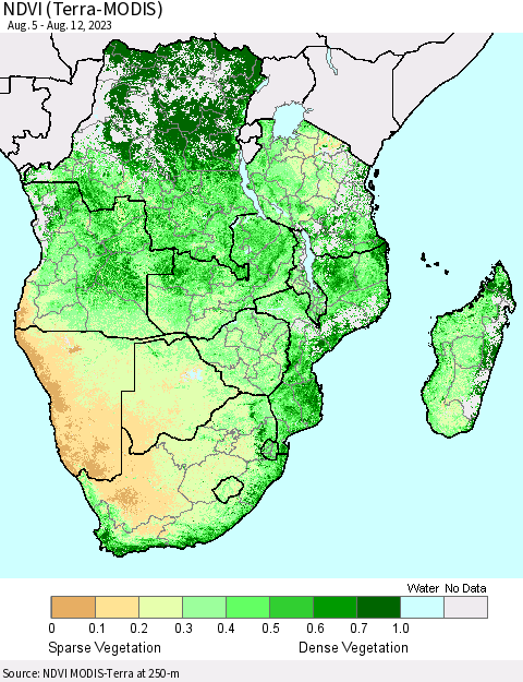 Southern Africa NDVI (Terra-MODIS) Thematic Map For 8/5/2023 - 8/12/2023