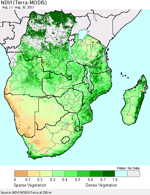 Southern Africa NDVI (Terra-MODIS) Thematic Map For 8/13/2023 - 8/20/2023