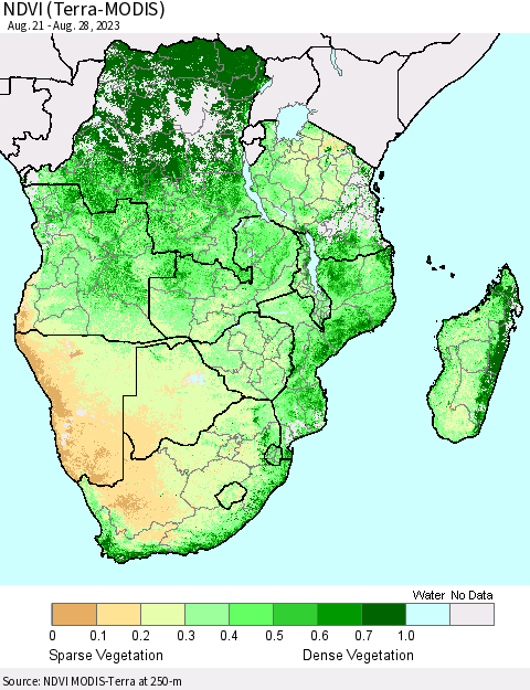 Southern Africa NDVI (Terra-MODIS) Thematic Map For 8/21/2023 - 8/28/2023