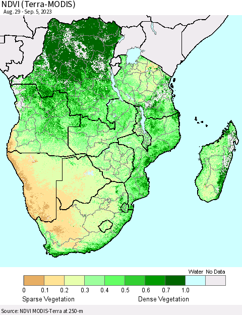Southern Africa NDVI (Terra-MODIS) Thematic Map For 8/29/2023 - 9/5/2023