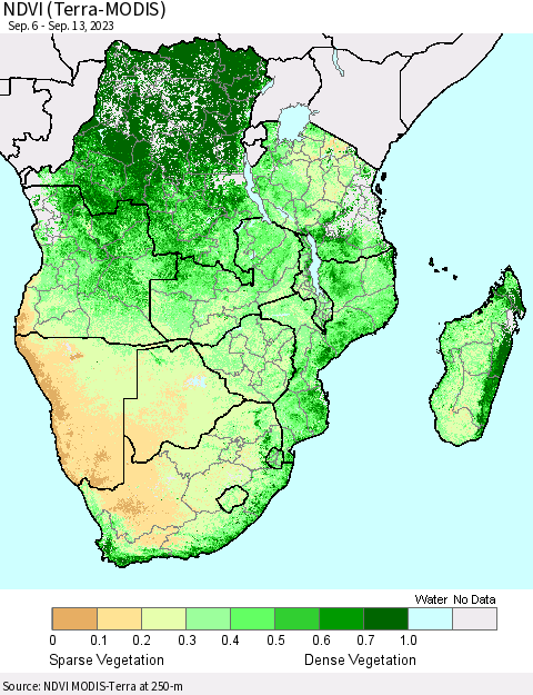 Southern Africa NDVI (Terra-MODIS) Thematic Map For 9/6/2023 - 9/13/2023