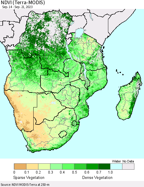 Southern Africa NDVI (Terra-MODIS) Thematic Map For 9/14/2023 - 9/21/2023