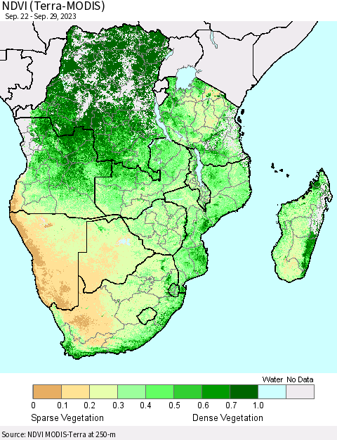 Southern Africa NDVI (Terra-MODIS) Thematic Map For 9/22/2023 - 9/29/2023