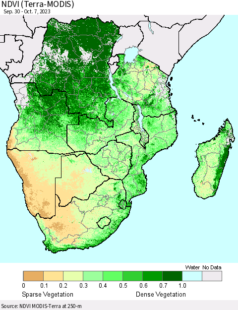 Southern Africa NDVI (Terra-MODIS) Thematic Map For 9/30/2023 - 10/7/2023