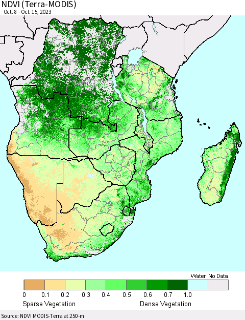 Southern Africa NDVI (Terra-MODIS) Thematic Map For 10/8/2023 - 10/15/2023