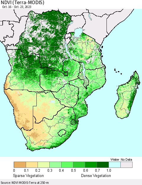 Southern Africa NDVI (Terra-MODIS) Thematic Map For 10/16/2023 - 10/23/2023