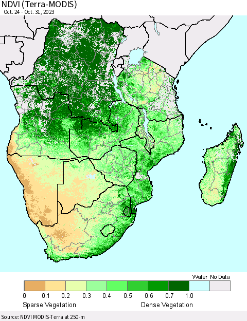 Southern Africa NDVI (Terra-MODIS) Thematic Map For 10/24/2023 - 10/31/2023
