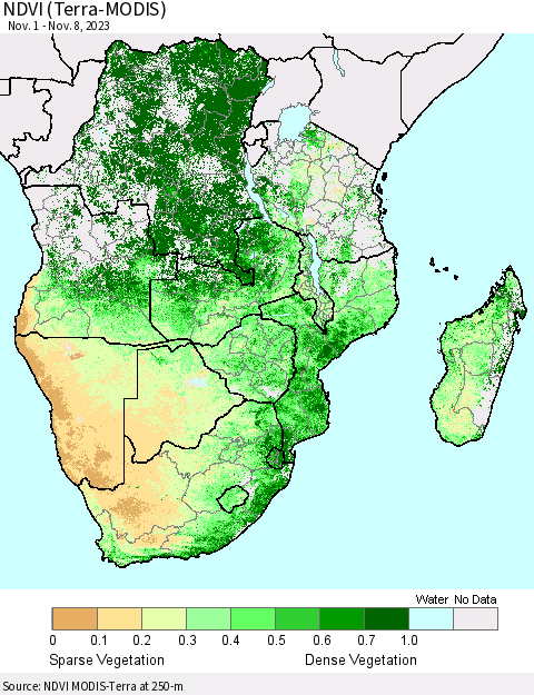 Southern Africa NDVI (Terra-MODIS) Thematic Map For 11/1/2023 - 11/8/2023