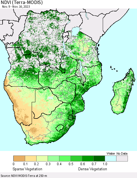 Southern Africa NDVI (Terra-MODIS) Thematic Map For 11/9/2023 - 11/16/2023