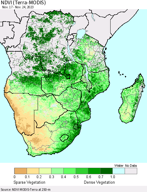 Southern Africa NDVI (Terra-MODIS) Thematic Map For 11/17/2023 - 11/24/2023