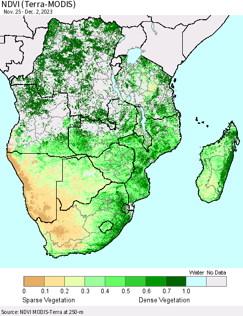 Southern Africa NDVI (Terra-MODIS) Thematic Map For 11/25/2023 - 12/2/2023