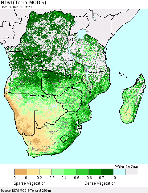 Southern Africa NDVI (Terra-MODIS) Thematic Map For 12/3/2023 - 12/10/2023
