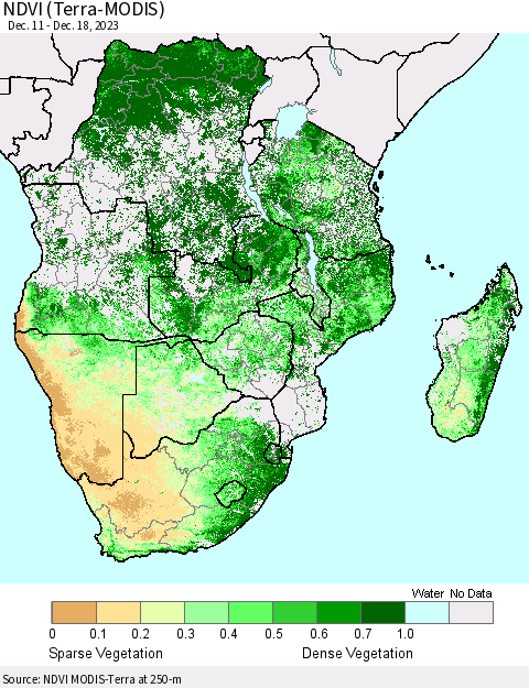 Southern Africa NDVI (Terra-MODIS) Thematic Map For 12/11/2023 - 12/18/2023