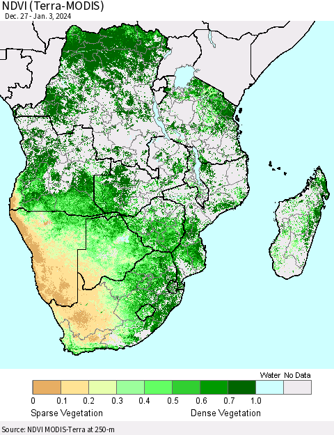 Southern Africa NDVI (Terra-MODIS) Thematic Map For 12/27/2023 - 1/3/2024