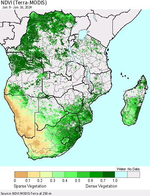 Southern Africa NDVI (Terra-MODIS) Thematic Map For 1/9/2024 - 1/16/2024