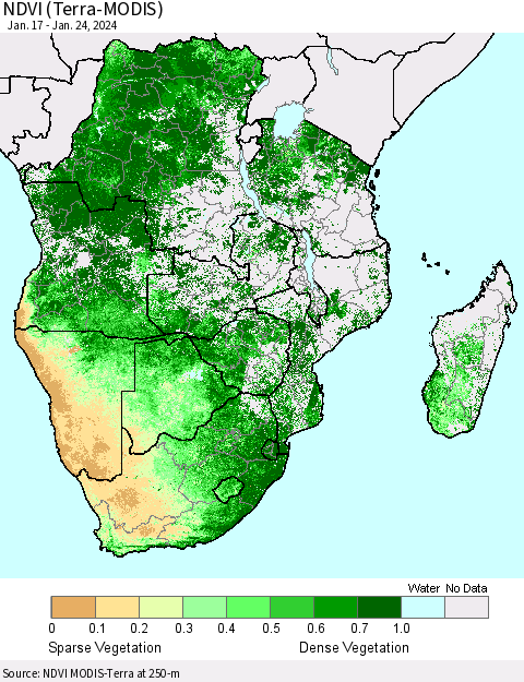 Southern Africa NDVI (Terra-MODIS) Thematic Map For 1/17/2024 - 1/24/2024