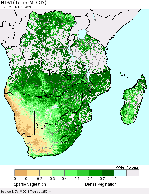 Southern Africa NDVI (Terra-MODIS) Thematic Map For 1/25/2024 - 2/1/2024