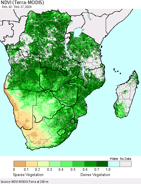 Southern Africa NDVI (Terra-MODIS) Thematic Map For 2/10/2024 - 2/17/2024